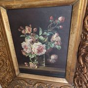 Tableau huile sur bois rose dans vase début XXeme