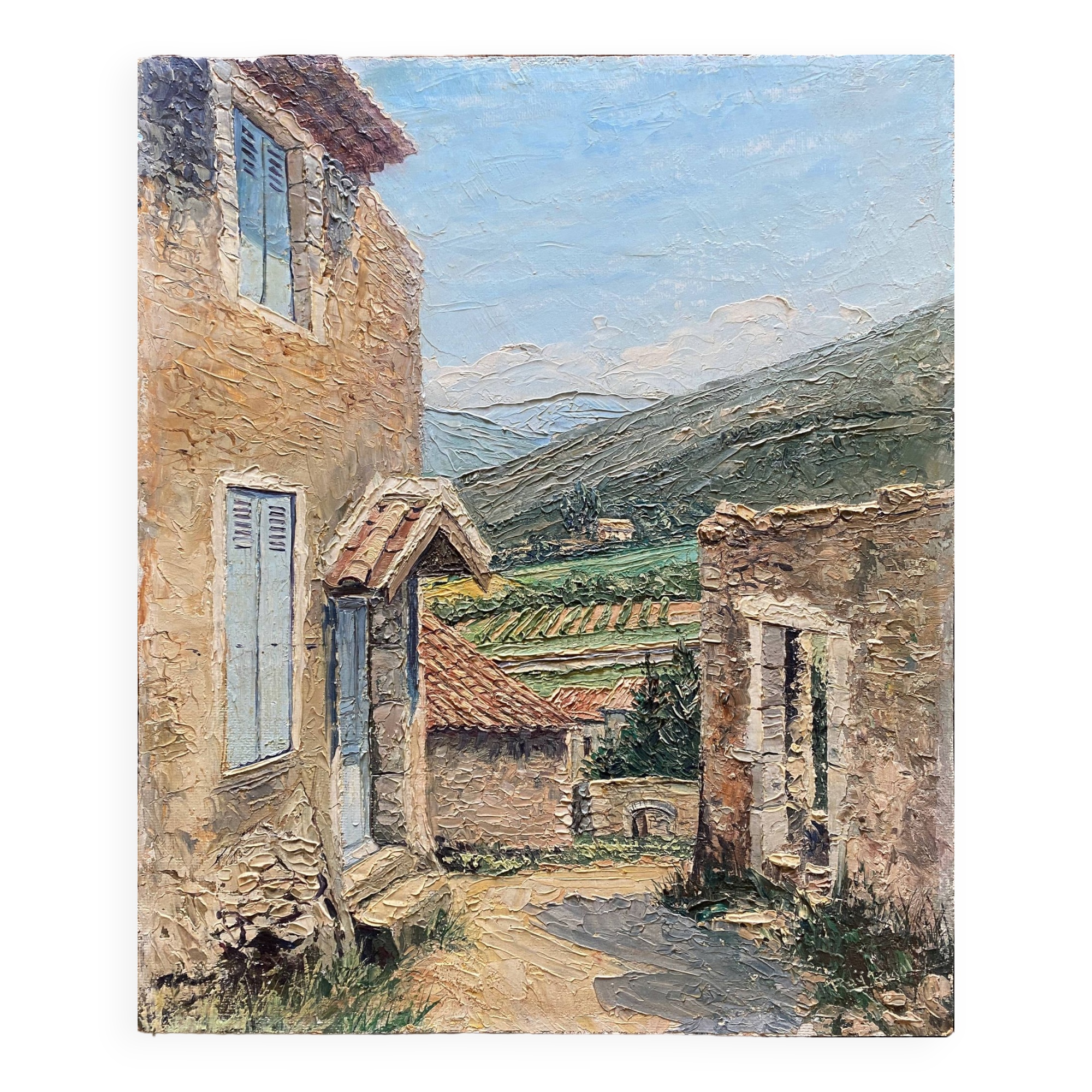 Hsp painting "view of mirmande" drôme, village and vineyard signed raymond rigal