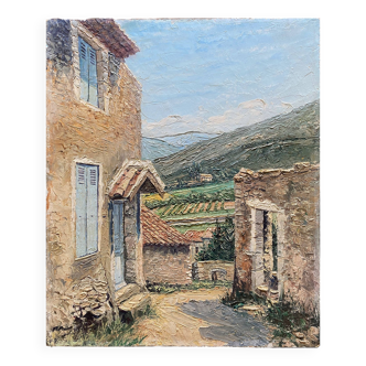 Hsp painting "view of mirmande" drôme, village and vineyard signed raymond rigal