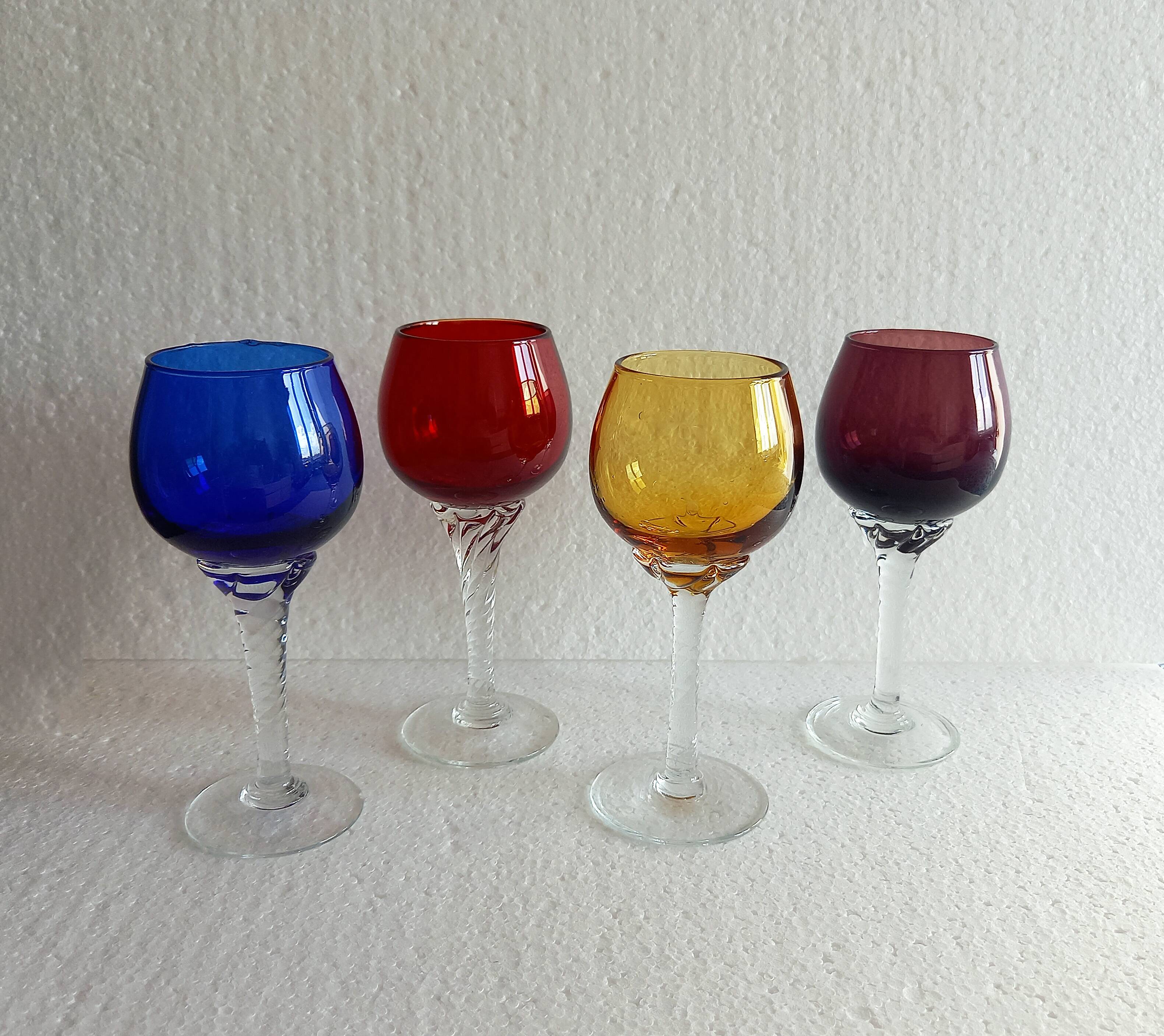 4 Antique Stemmed Liqueur Glasses in Colored Blown Glass