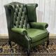 1970s Chesterfield Wingback Chair in Green Leather