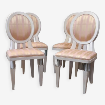 Set of 4 contemporary Louis XVI style chairs, wood and plexiglass very original