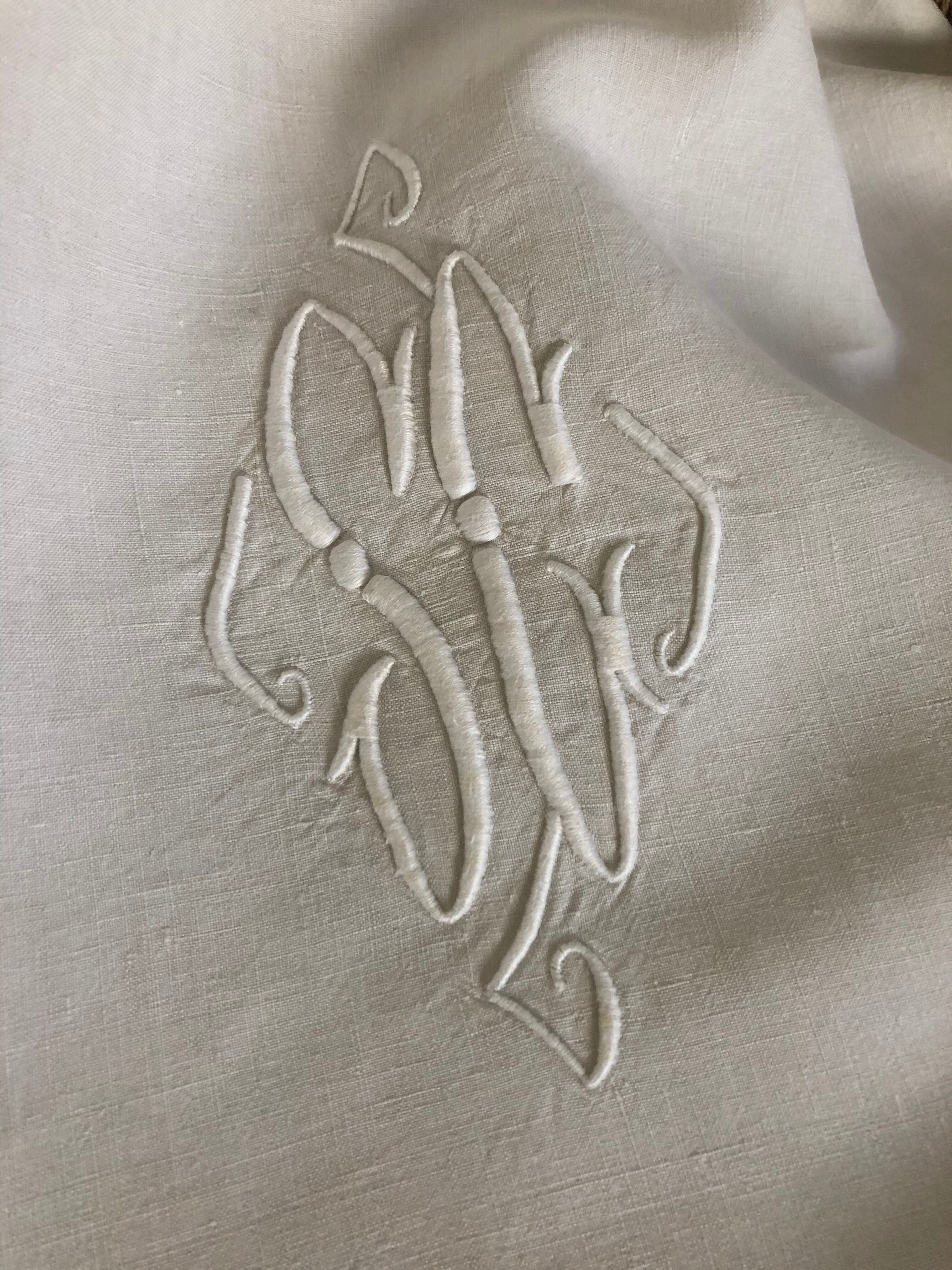 Embroidered sheet, monogram, old linen