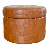 Pouf coffre patchwork cuir cognac
