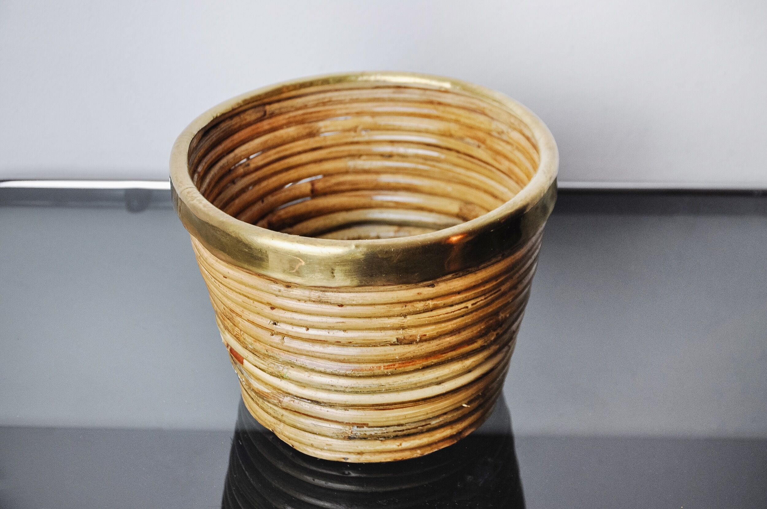 Rattan and brass basket, Italy, 1970