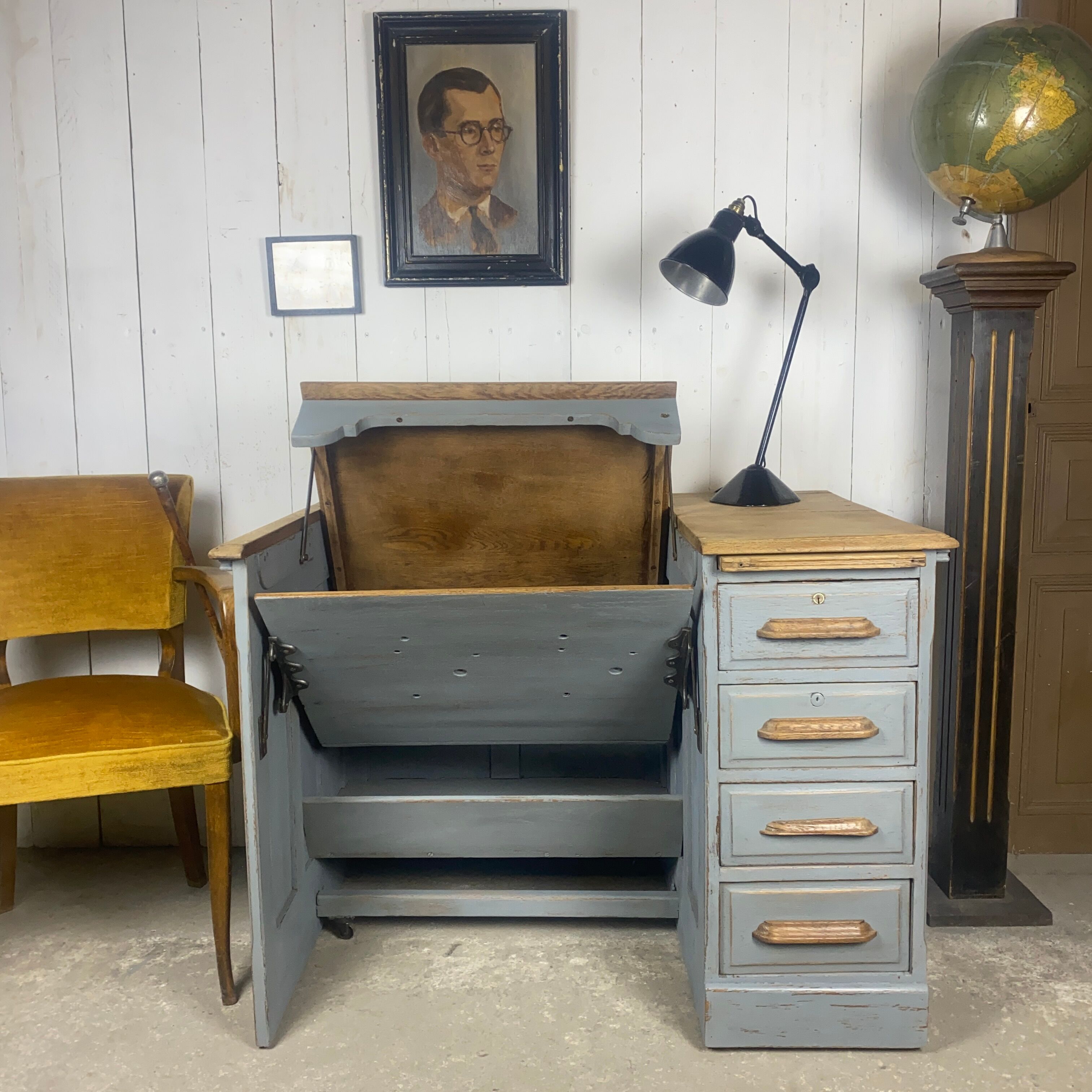 Bureau escamotable chêne patine
