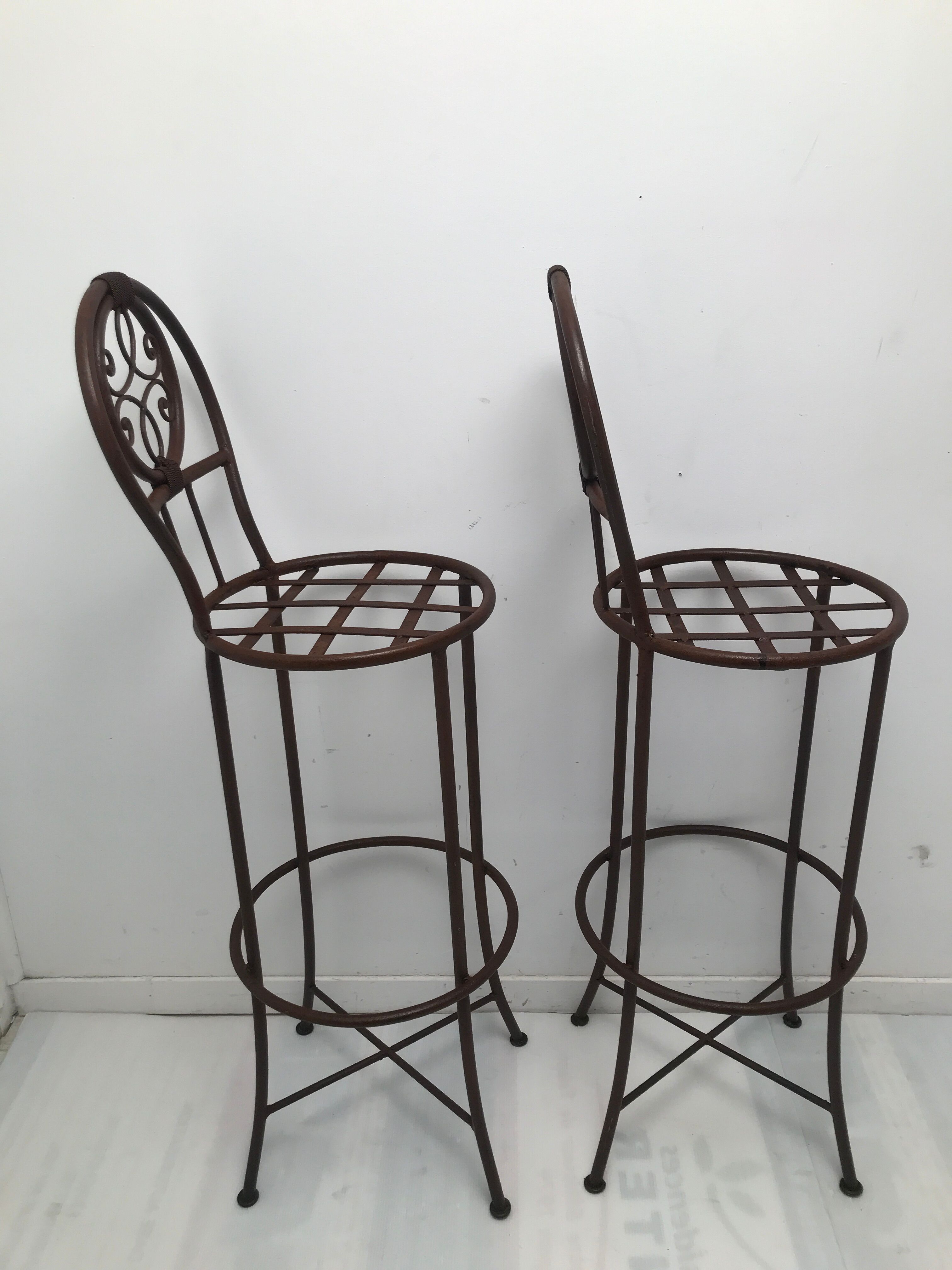 Pair of vintage bar high chairs in copper and wrought iron
