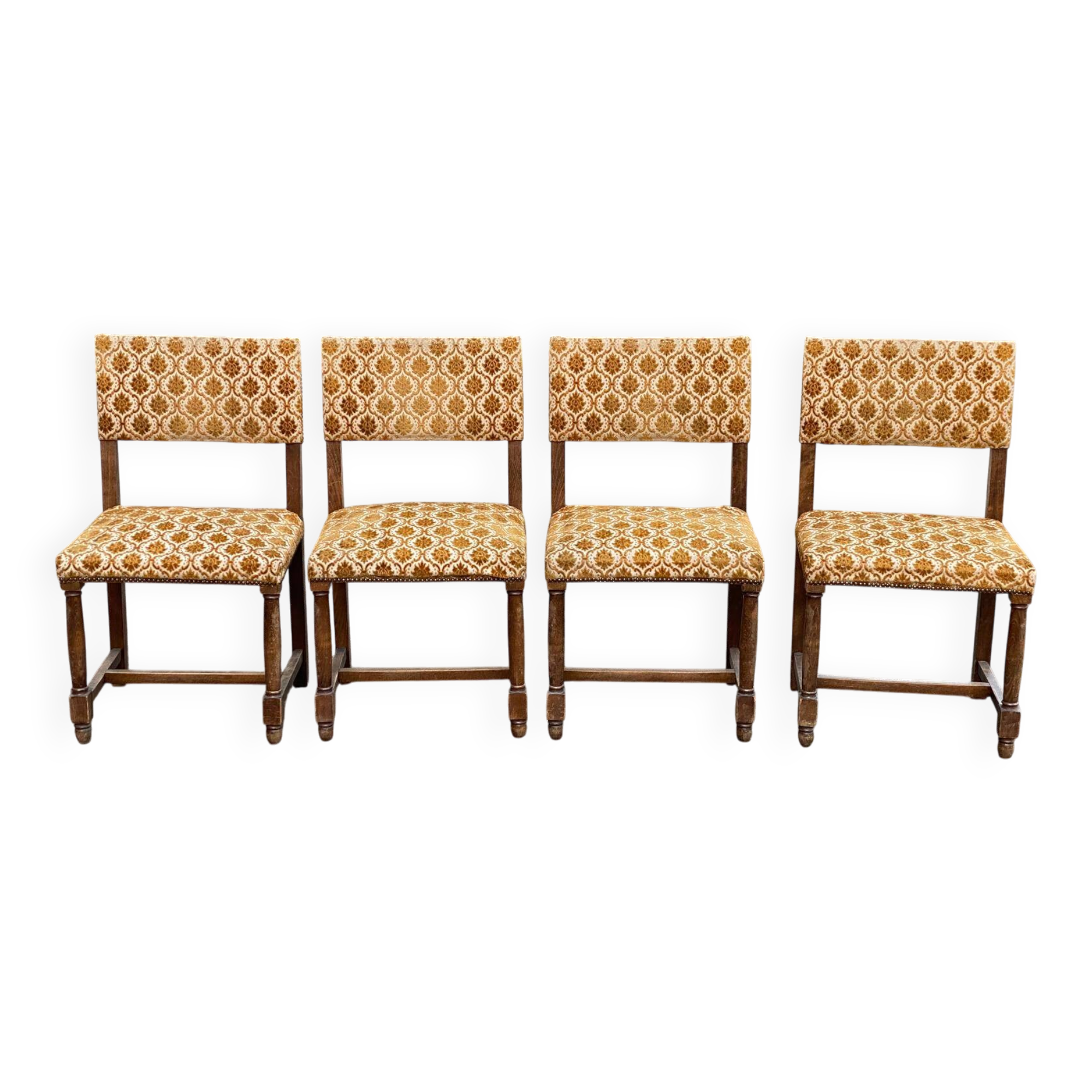 4 Henri II chairs in solid wood and yellow-beige velvet.