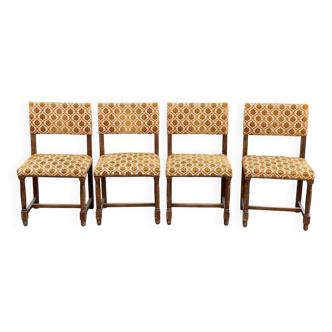 4 Henri II chairs in solid wood and yellow-beige velvet.