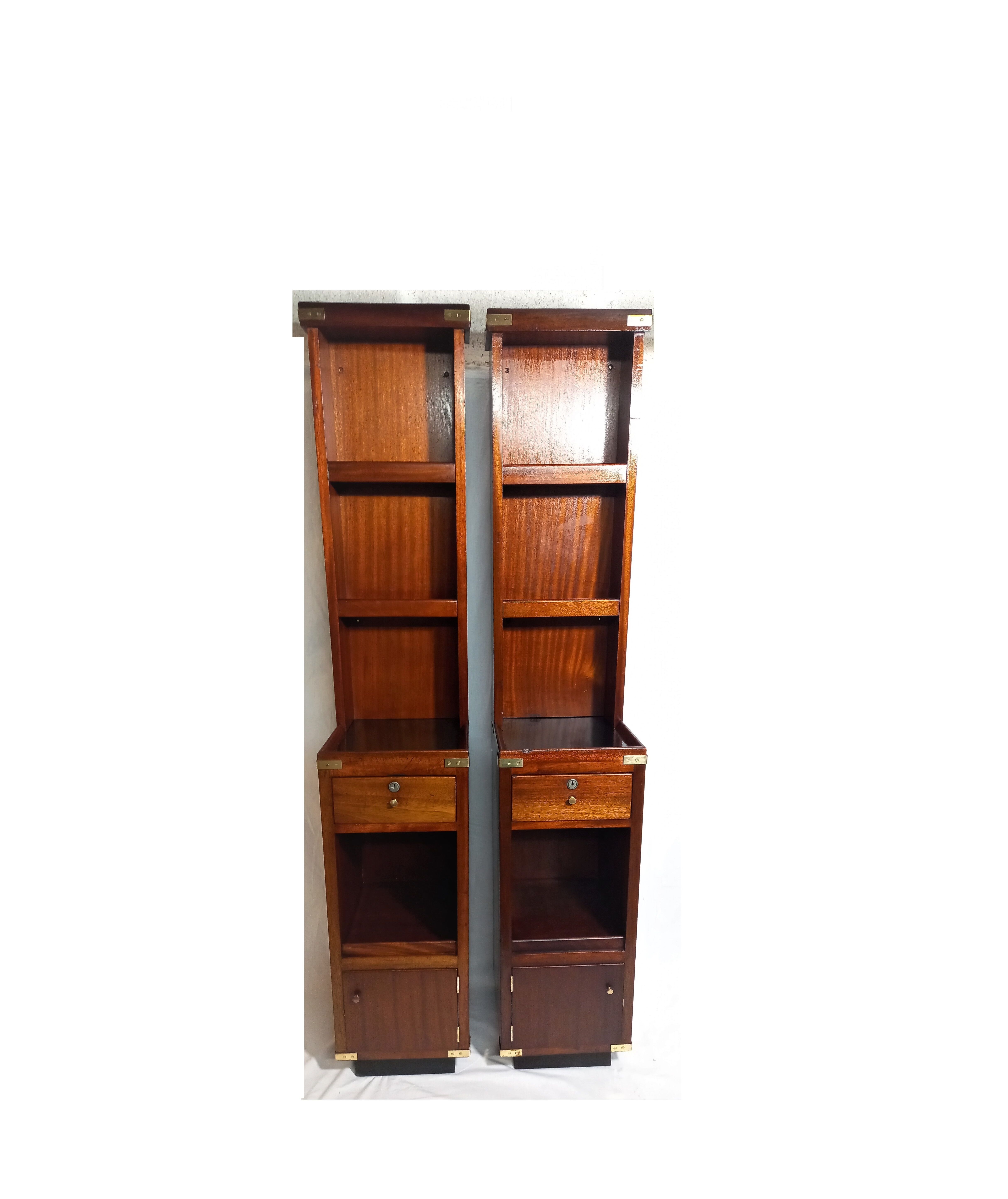 Pair of bedside tables with mahogany and brass shelf