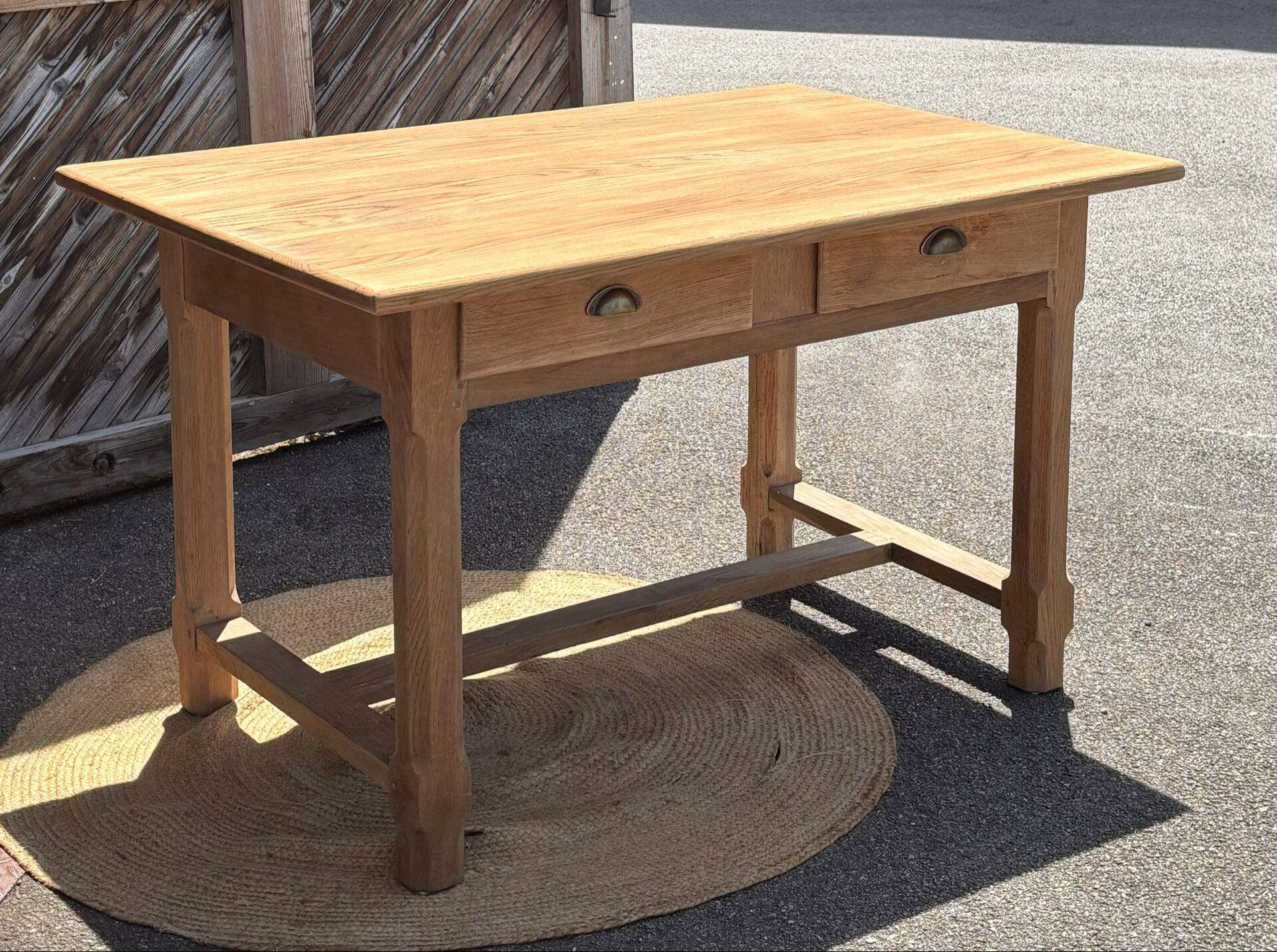 Old farmhouse table in raw solid oak with 2 drawers.