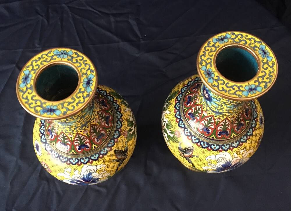 Pair of cloisonne enamel vases with japanese floral decor