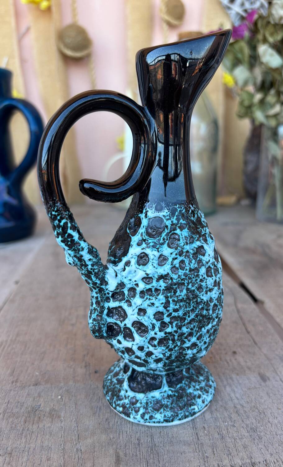 Vintage fat lava vase – turquoise red ceramic foam