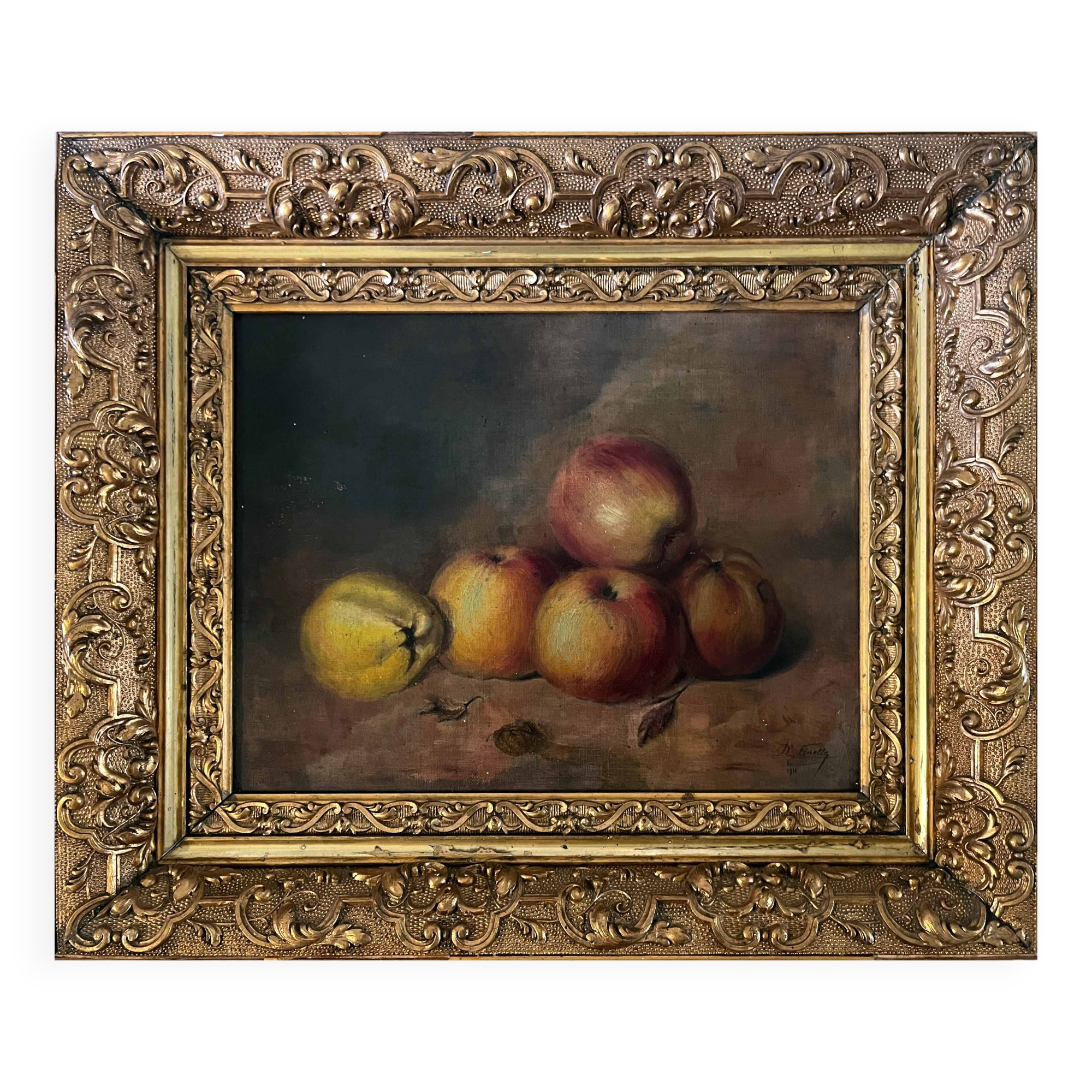 Tableau HST "Still Life with Apples and Quinces" signed D. Finelle 1911 + frame