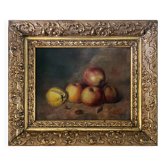 Tableau HST "Nature morte aux pommes et coings" signé D. Finelle 1911 + cad