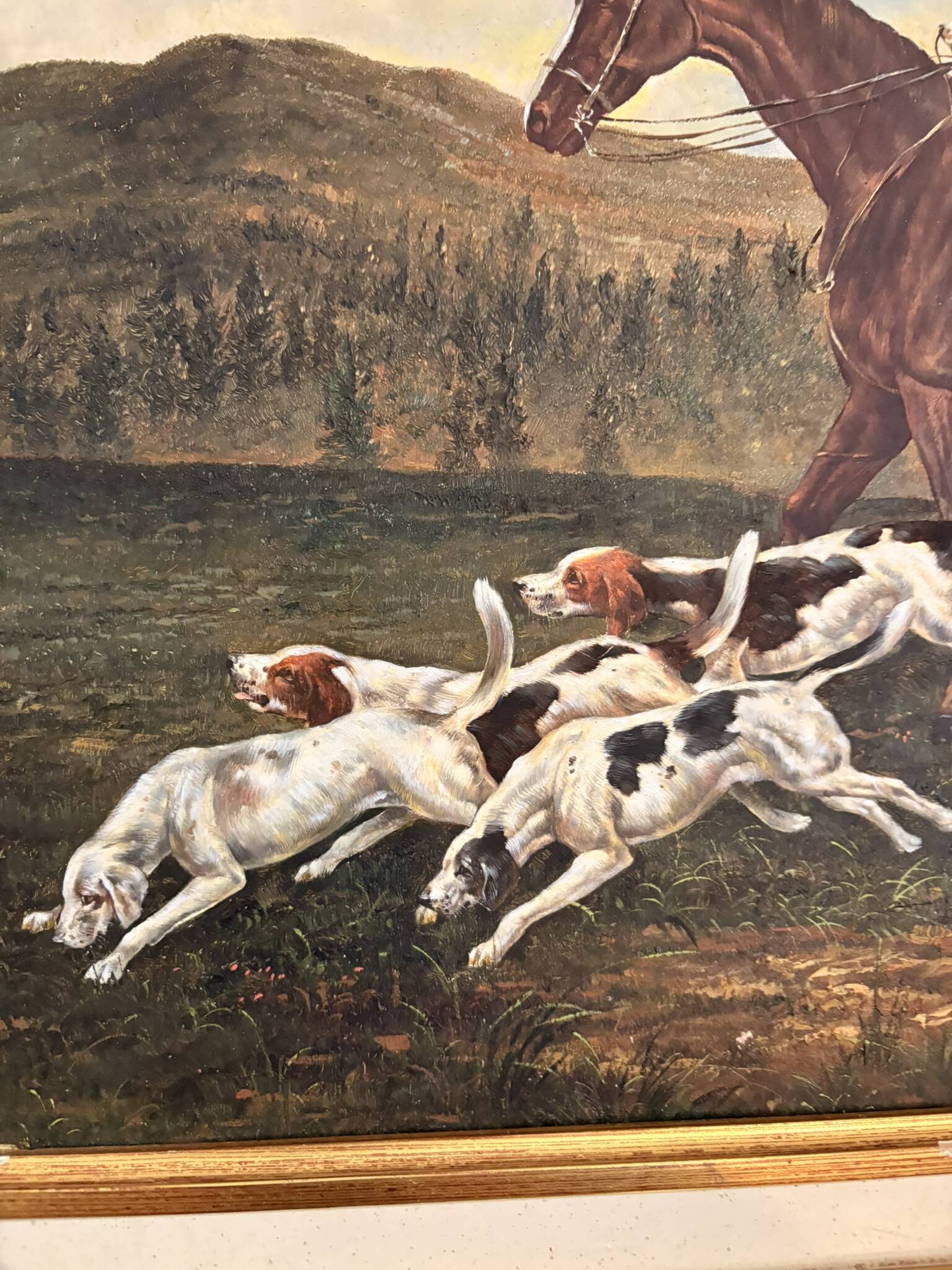 Oil Painting on Wood Panel with Golden Frame, English Hunting Dog