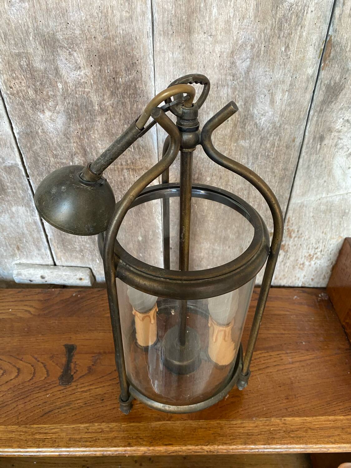 Antique brass lantern pendant light 2 lights + vintage glass cylinder