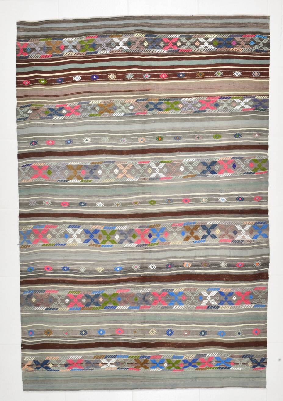 Grey & Brown Modern Mid Century Vintage Kilim Rug, 147x218 Cm