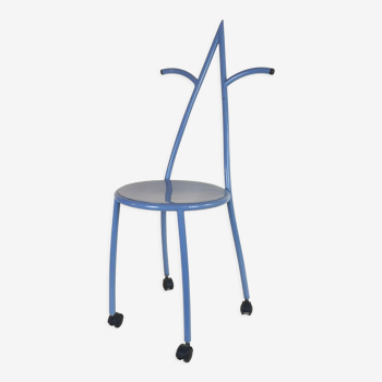 Postmodern memphis style blue enamel pointed chair