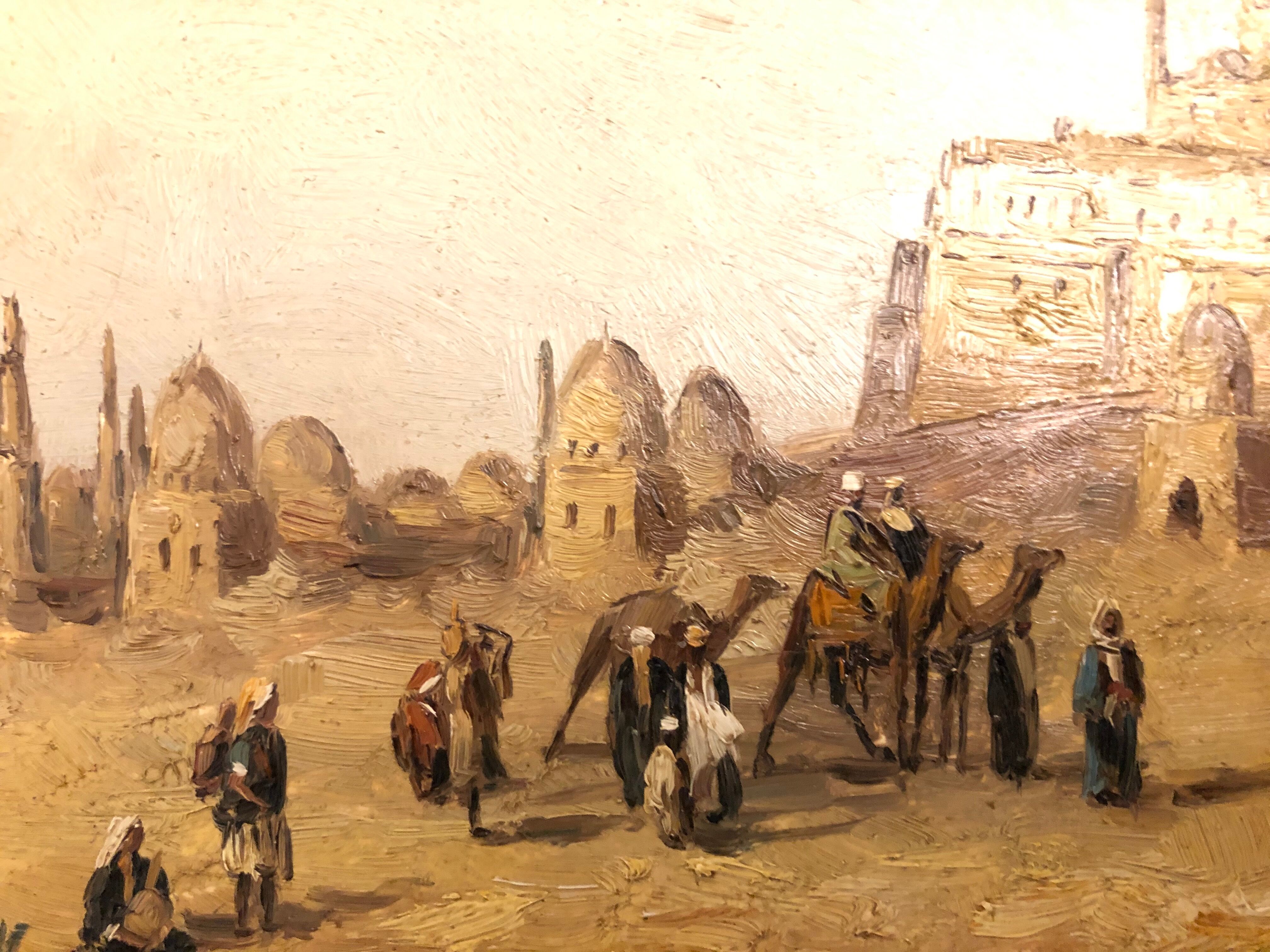 Oil on orientalist canvas camel market scene