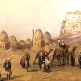 Oil on orientalist canvas camel market scene