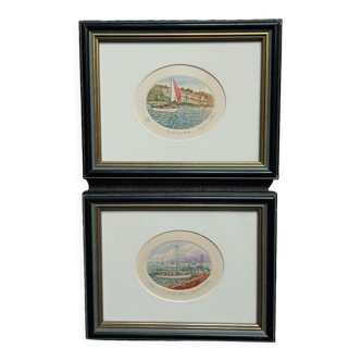 Paire aquarelles marine