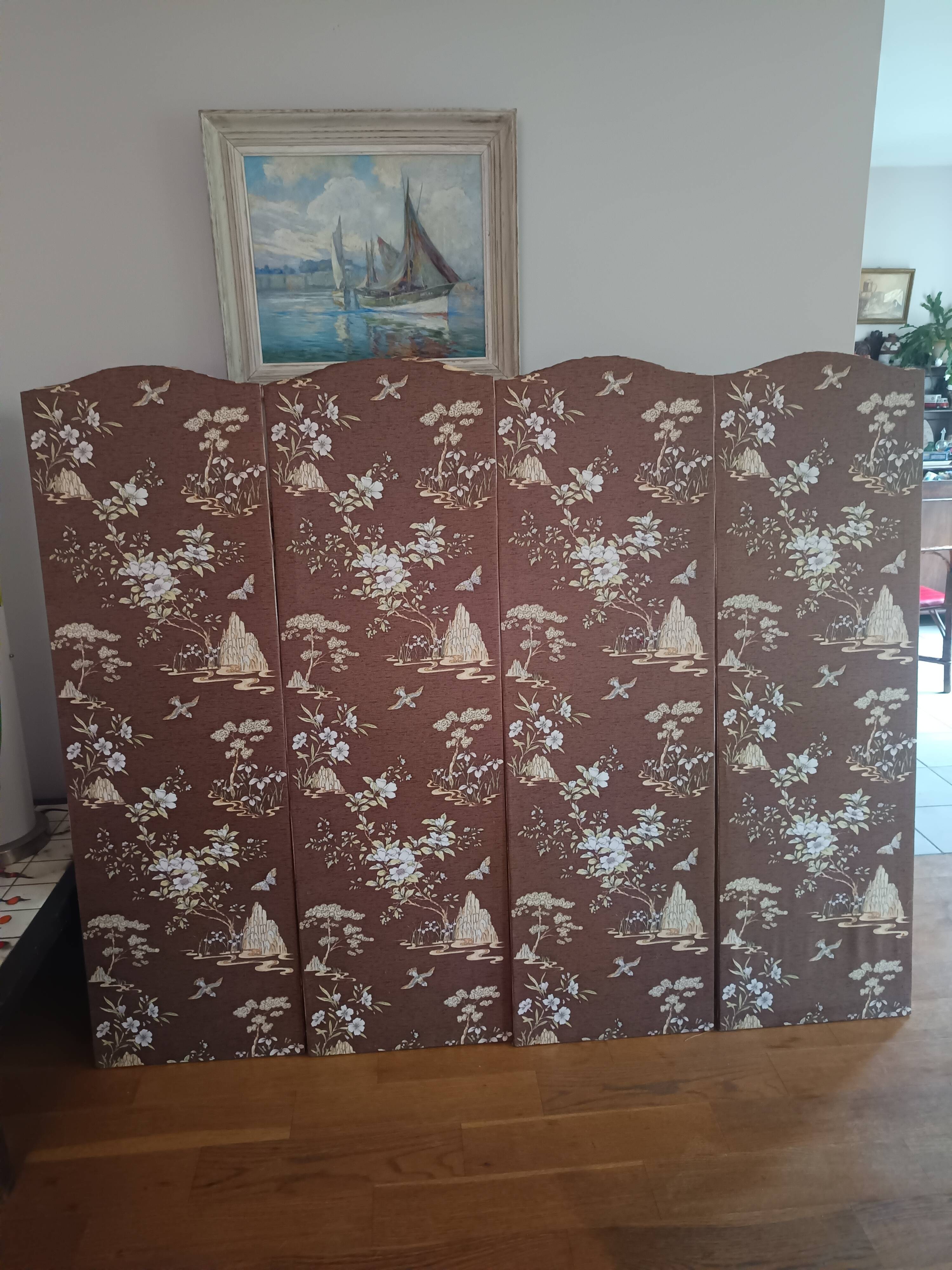 large antique headboard with 4 panels featuring Asian decor from the 1940s/50s