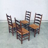 Rustic Handcrafted Oak and Rush High Back Dining Chairs, Belgium, 1940s, Set of 4