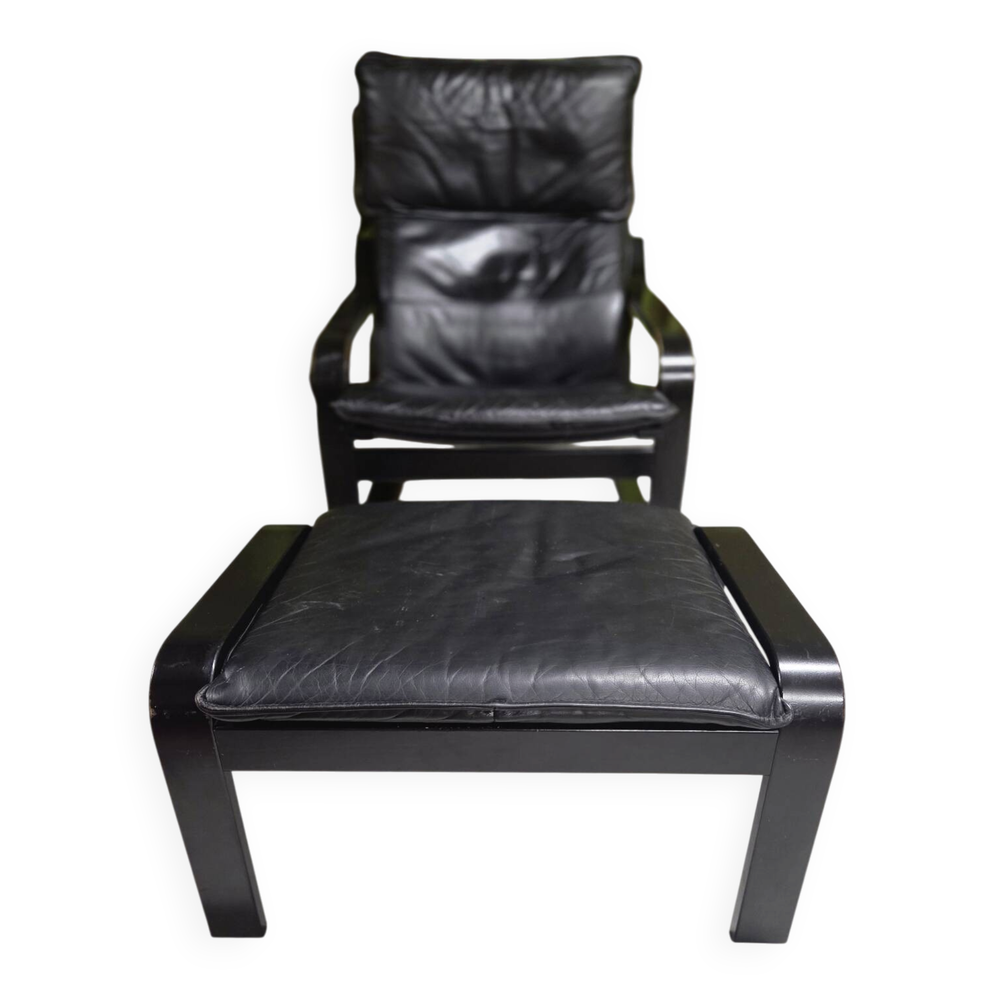 Fauteuil vintage IKEA années 1980 Cuir noir & ottoman