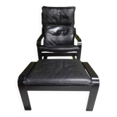 Fauteuil vintage IKEA années 1980 Cuir noir & ottoman