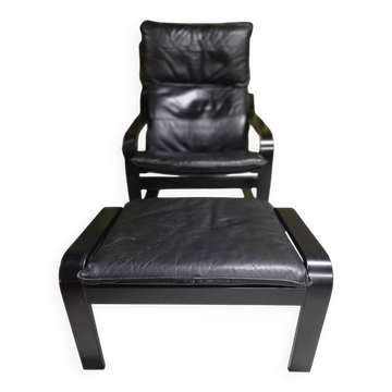 Fauteuil vintage IKEA années 1980 Cuir noir & ottoman