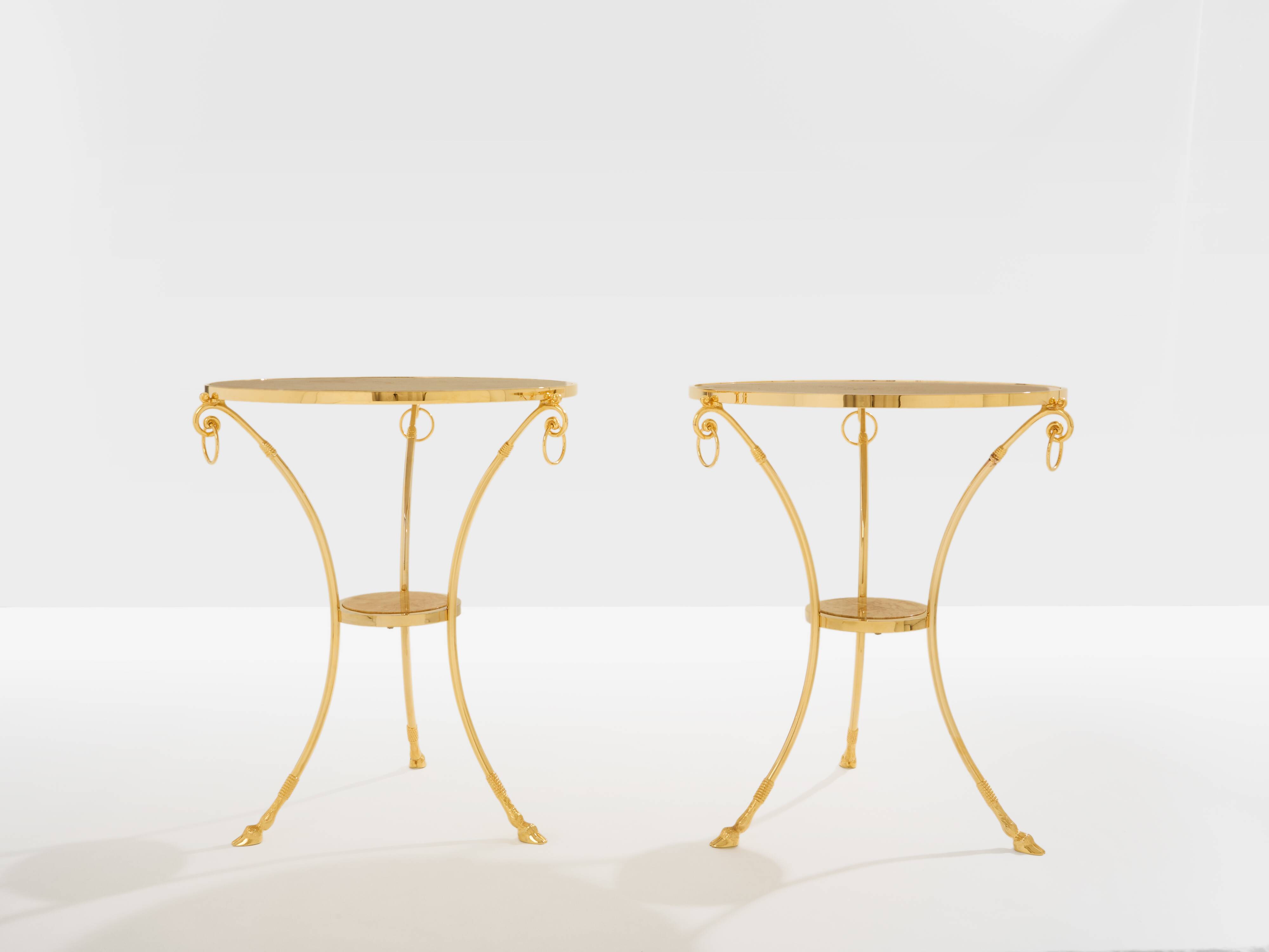 Set of 4 neoclassical side tables in brass and marble by Maison Charles, 1960.