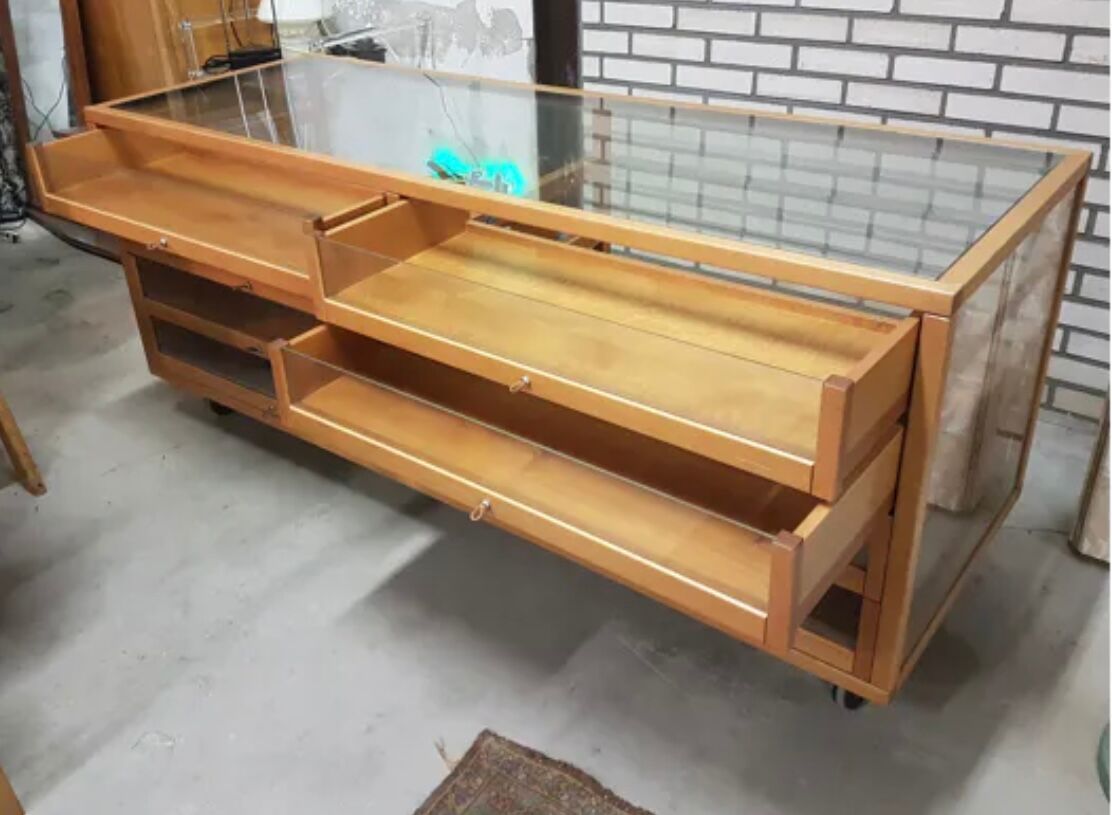 Beech and glass showcase 70s