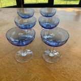 6 champagne glasses in blue glass and vintage transparent base