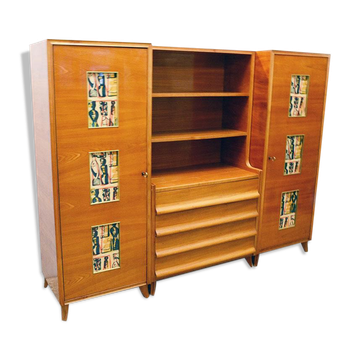 Armoire et meuble en frêne et verre peint, italie, 1950