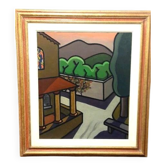 Oil painting on canvas 'The corner of the church' Franco Prayer (1924) 70 x 50 cm