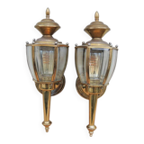 2 antique carriage lantern wall lights in brass & glass