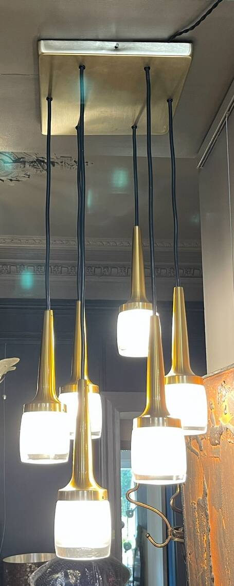 Cascade chandelier 6 elements, Staff Leuchten, brass and gold-plated aluminum, glass, ca 1970