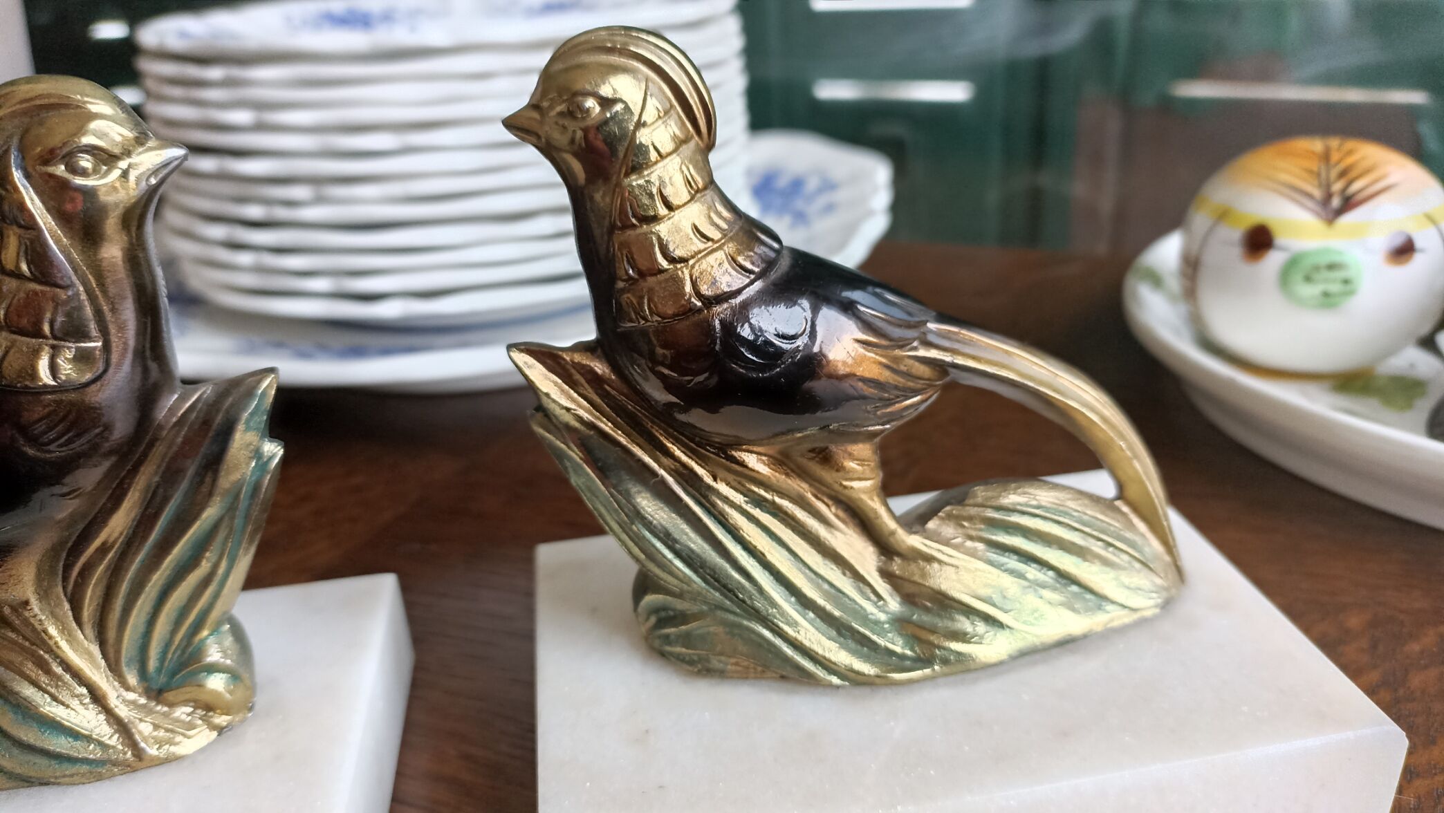 Marble and zinc art bookends - Pheasants