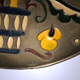 Old decorative brass and enamel wall plate signed GH