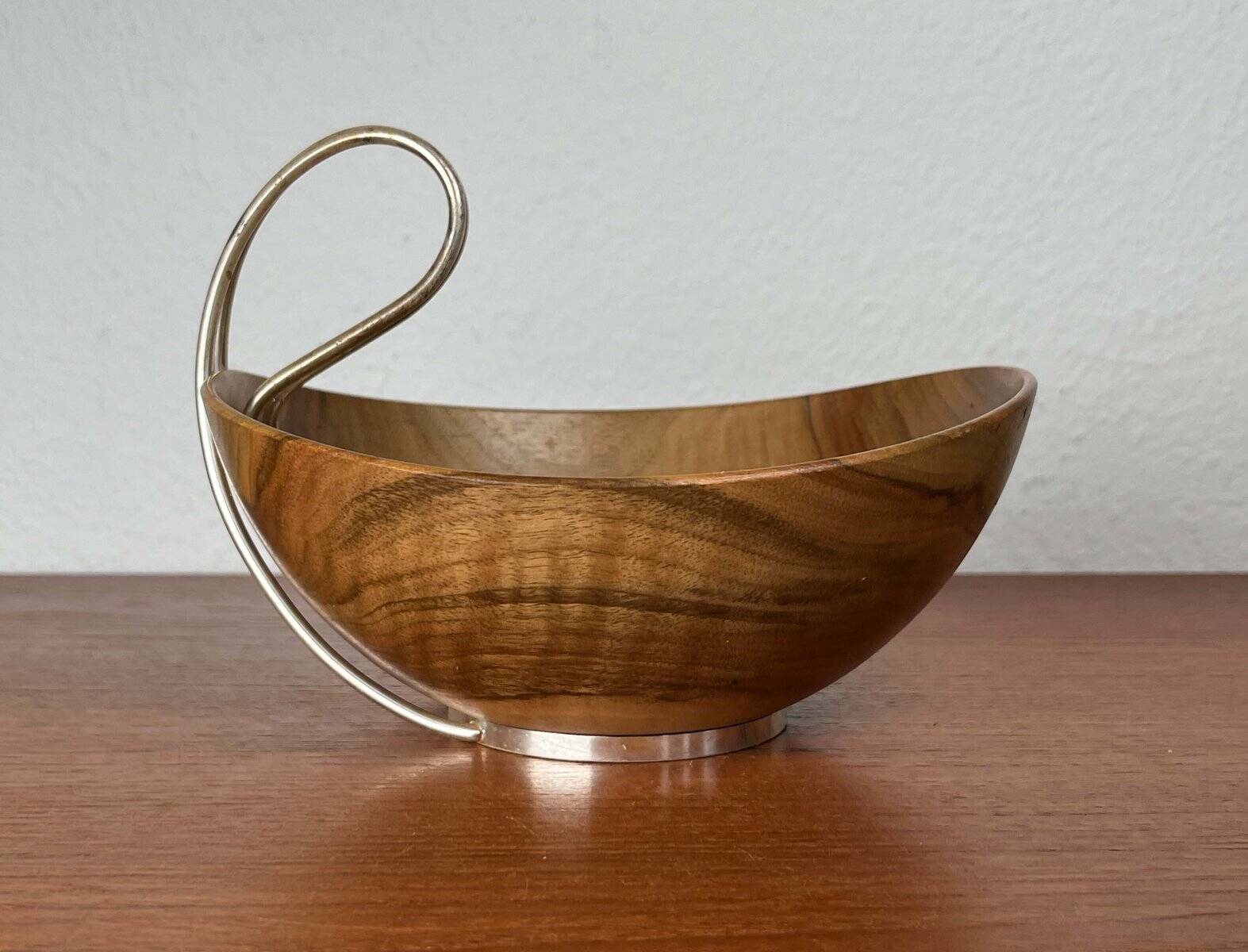 Mid-Century Modern Teak and Silver Plated Metal Bowl from Grasoli, Italy, 1960s