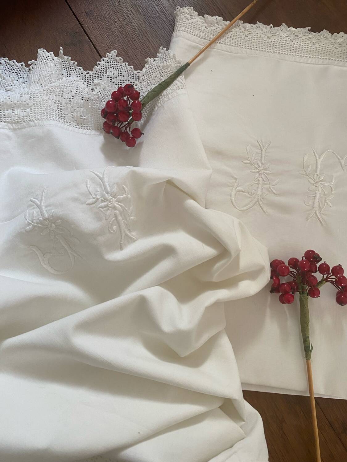 2 monogrammed JF trousseau pillowcases from the 30s.