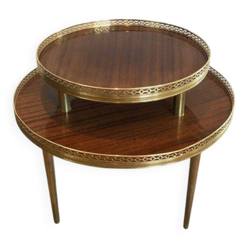 Tripod gueridon in neoclassical style made of mahogany, brass, and a golden metal base.