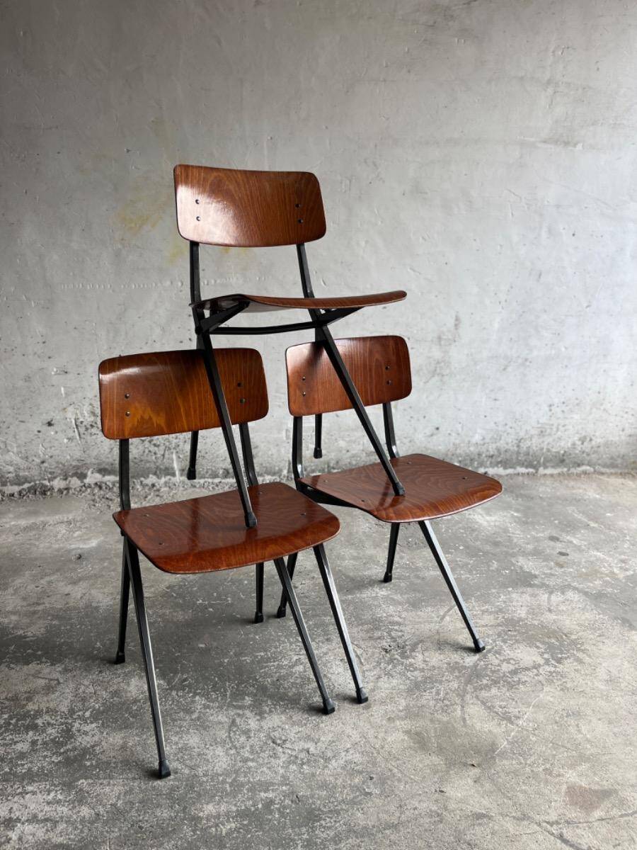 Set of 4 Eromes Marko Holland 1960s Chairs — Dark Wood Veneer Seats, Black Metal Frames