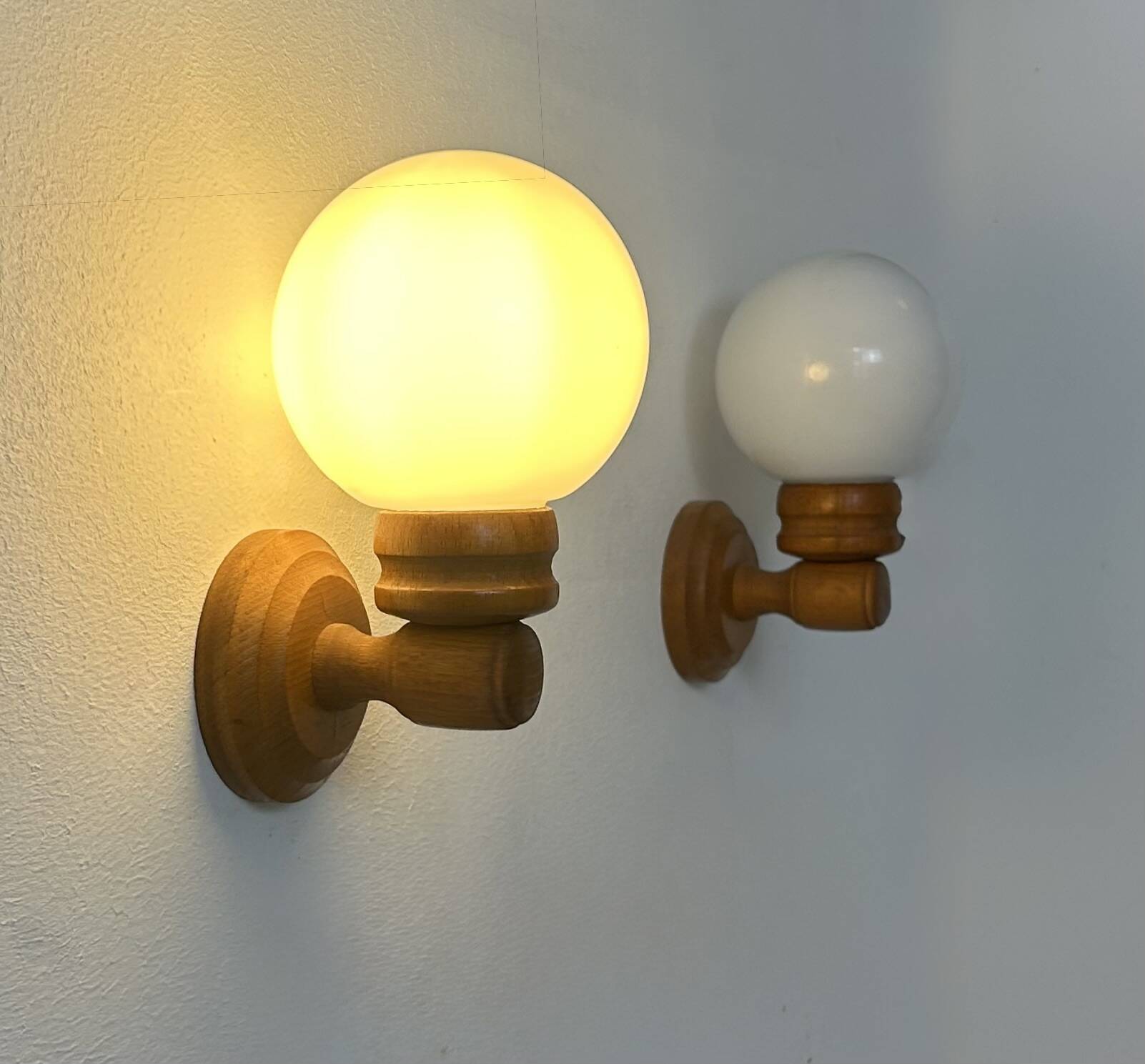 Pair of vintage wall lights, pine and opaline glass, France, 1980