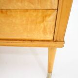 1960s italian sideboard/chest of drawers in high gloss finish with glass top and shelf
