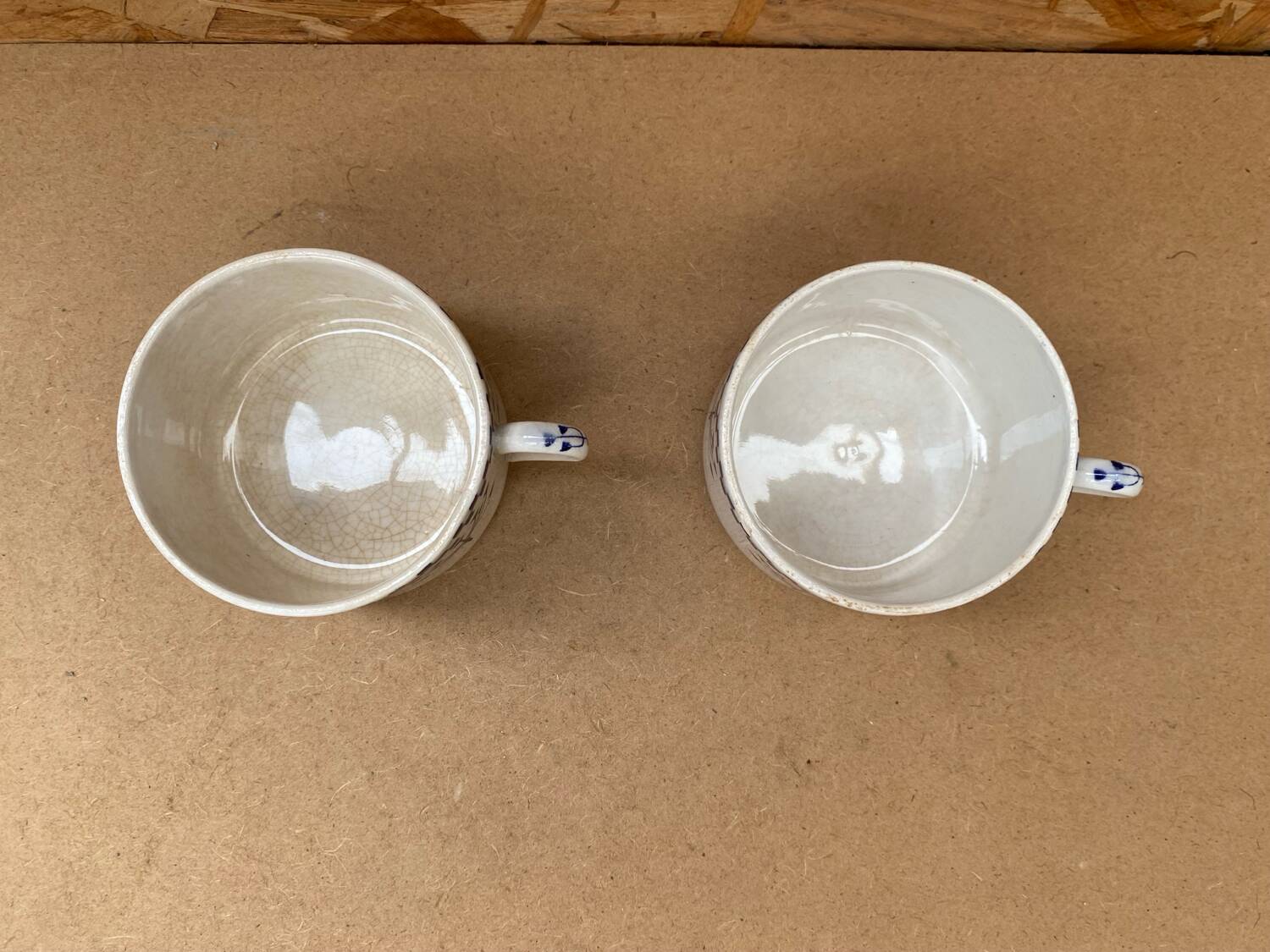 Pair Antique Creil & Montereau Mug Checkerboard Pattern Ceramic France