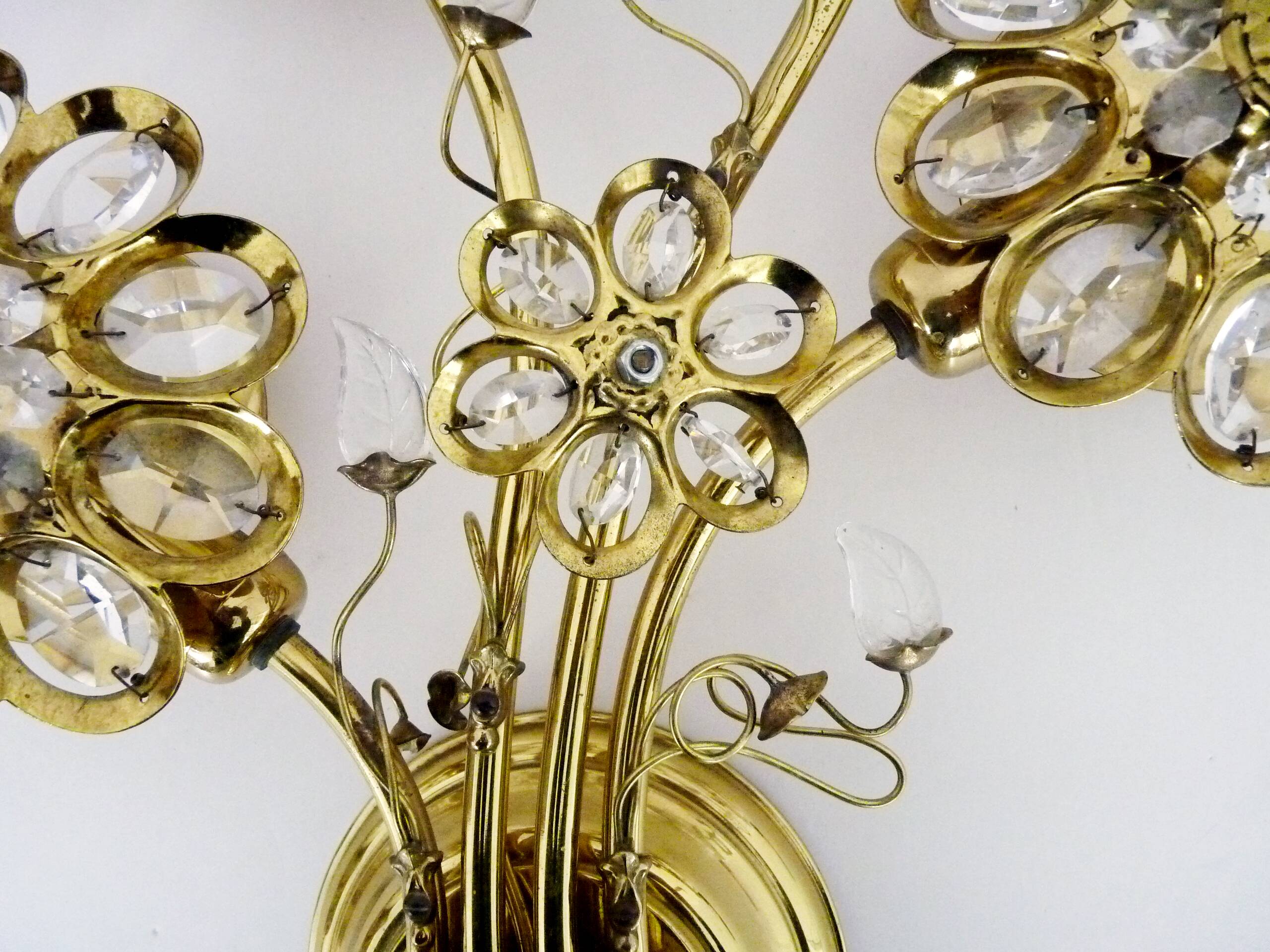 Large pair of vintage Palwa crystal and brass flower wall lights with 4 lights. 70s