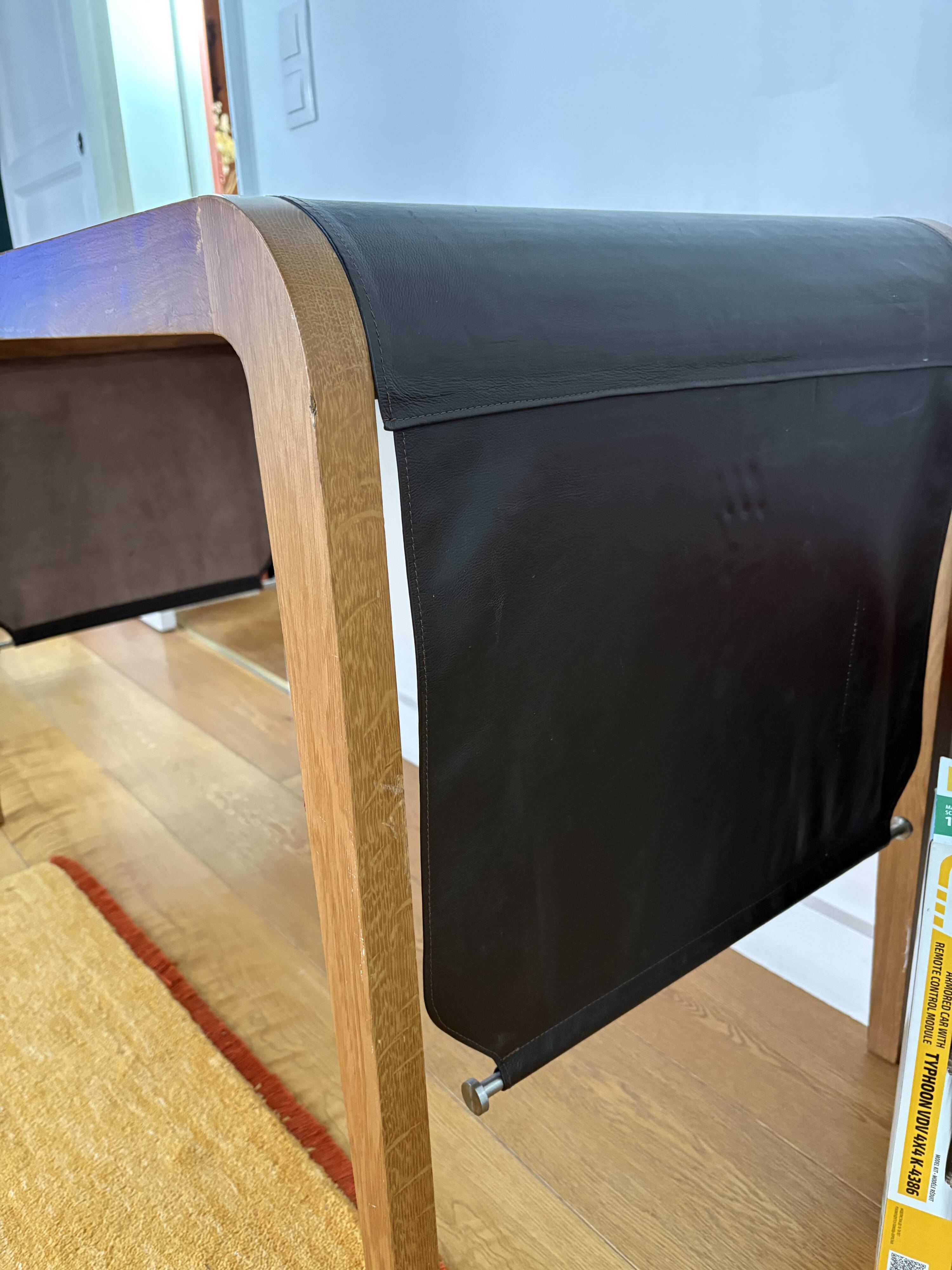 Vintage curved wood and leather desk – 1970s/80s