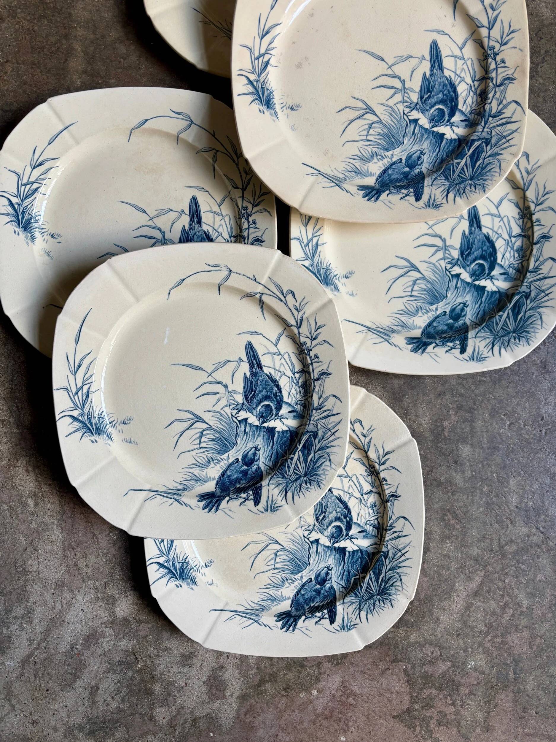 6 blue ironstone flat plates from Gien, "Birds" service, circa 1870, no. 1